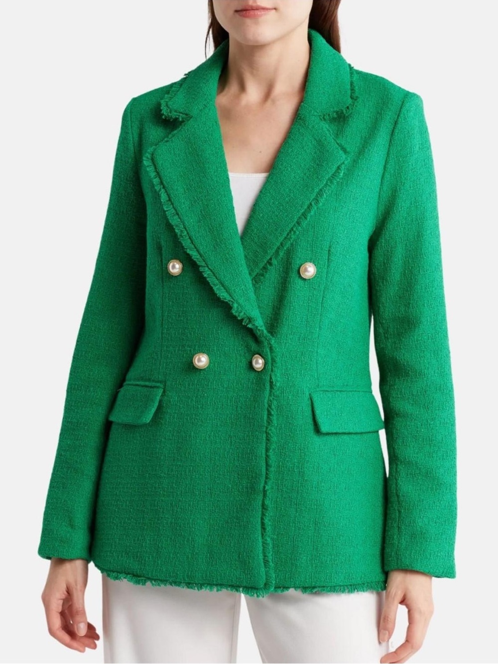 Nanette Lepore "Lily Pad" Green Textured
Tweed Blazer Faux Pearl Buttons Large